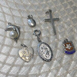 925 Sterling Silver Pendant Lot – Cross, Heart, Dolphin, Medallion